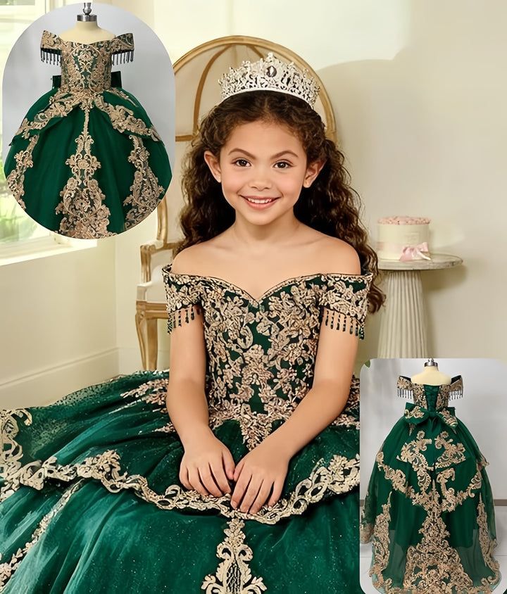Sunnypetal Gold Applique Off Shoulder Flower Girl Dress with Tassels Crystal &amp; Bow