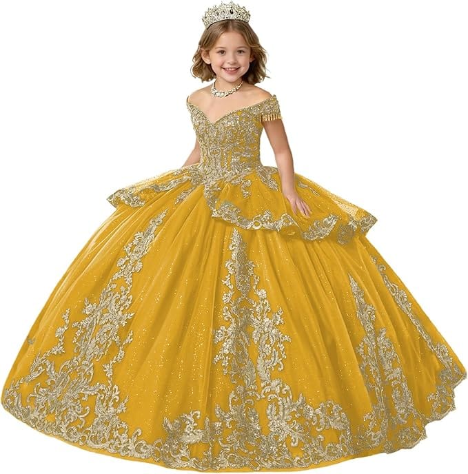 Sunnypetal Gold Applique Off Shoulder Flower Girl Dress with Tassels Crystal &amp; Bow