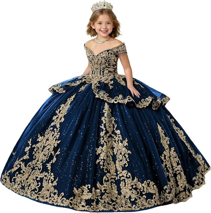 Sunnypetal Gold Applique Off Shoulder Flower Girl Dress with Tassels Crystal &amp; Bow