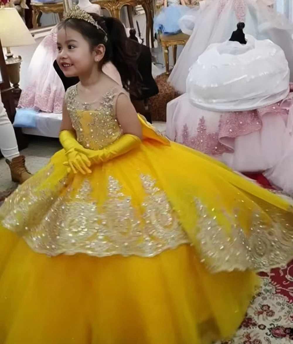 Sunnypetal Gold Appliques Tulle Tiered Flower Girl Dress Toddlers Beaded Lace Pageant Dress