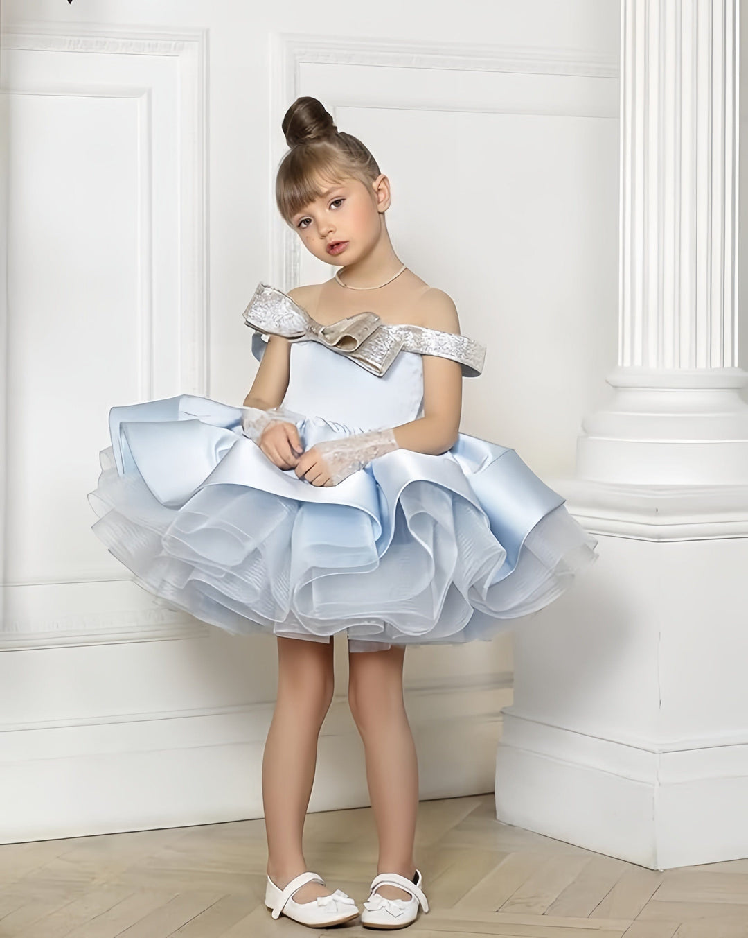 Sunnypetal Gold Bow Off-Shoulder Ball Gown Ruffled Christmas Pageant Party Dress for Girls