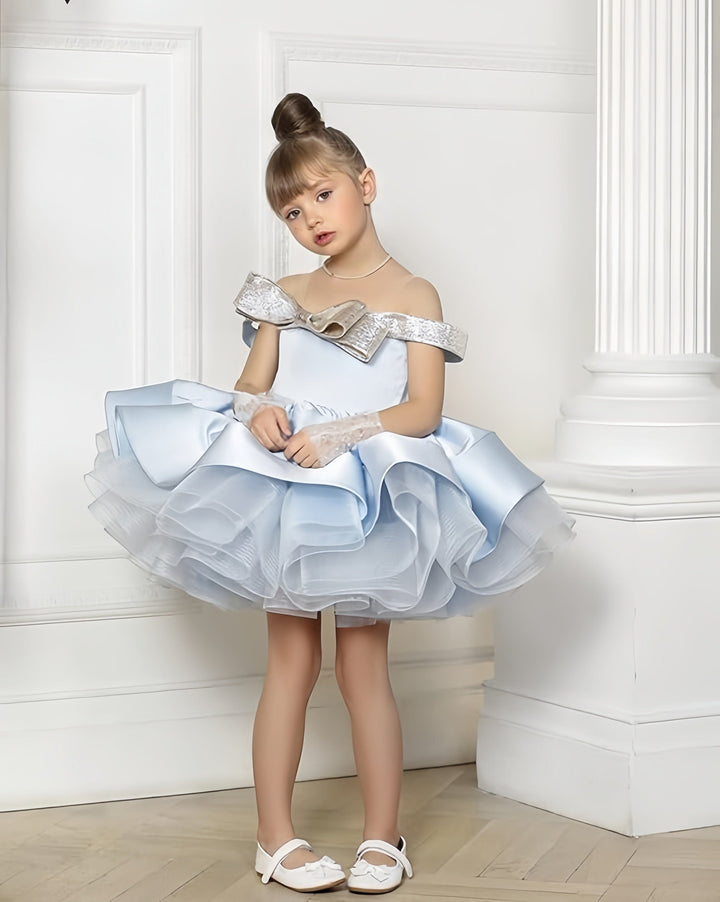 Sunnypetal Gold Bow Off-Shoulder Ball Gown Ruffled Christmas Pageant Party Dress for Girls
