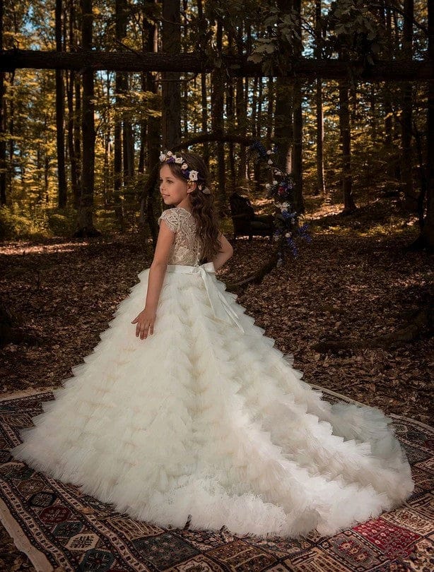 Sunnypetal Gold Lace and lvory Tulle Flower Girl Ball Gown with Cascading Ruffles
