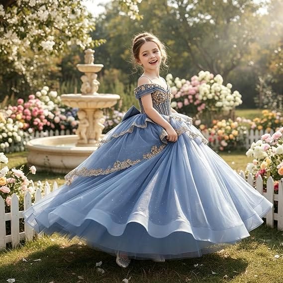 Sunnypetal Gold Sequin Lace Off-Shoulder Tulle Flower Girl Dress with Bow Detail
