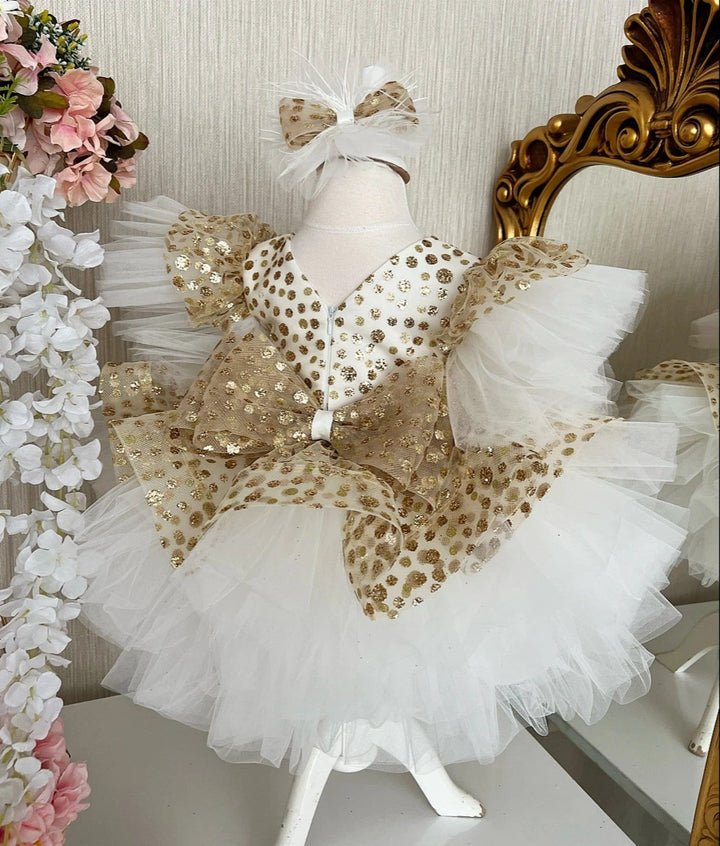 Sunnypetal Gold Sequin White Tulle Flower Girl Dress with Puffy Sleeves and Big Bow