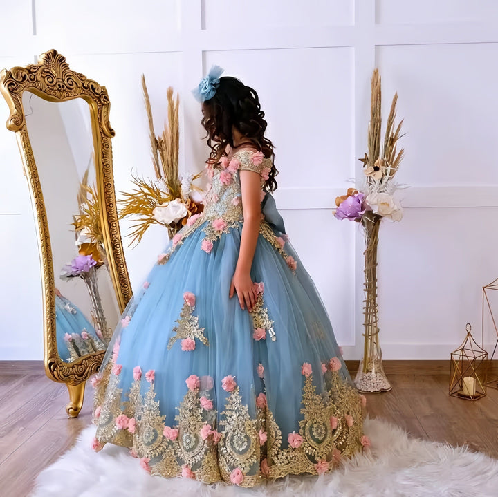 Sunnypetal Gorgeous Gold Appliques Floral Quinceanera Birthday Prom Long Flower Girl Dress