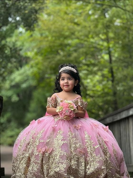 Sunnypetal Gorgeous Gold Appliqués Tulle Flower Girl Ball Gown with Bow and 3D Butterflies