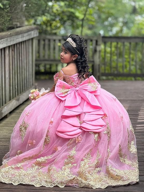 Sunnypetal Gorgeous Gold Appliqués Tulle Flower Girl Ball Gown with Bow and 3D Butterflies