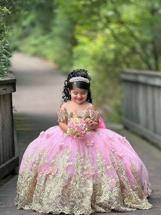 Sunnypetal Gorgeous Gold Appliqués Tulle Flower Girl Ball Gown with Bow and 3D Butterflies
