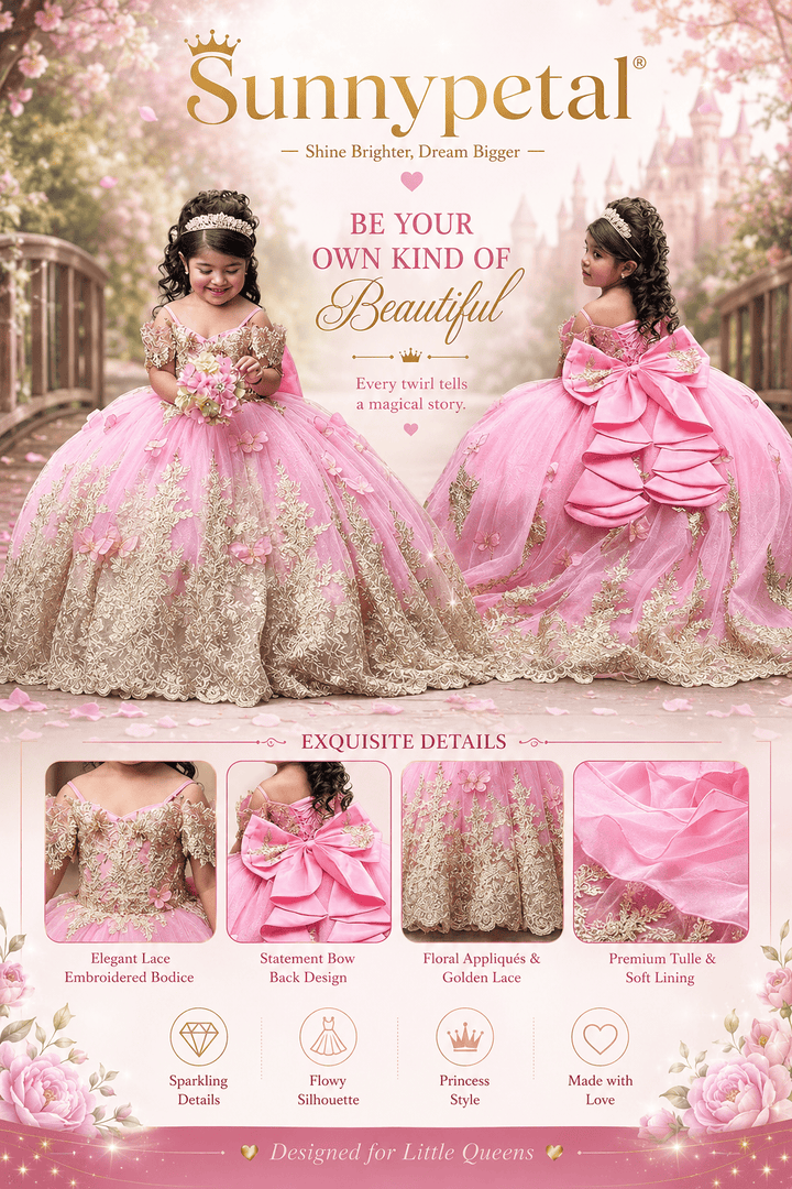 Sunnypetal Gorgeous Gold Appliqués Tulle Flower Girl Ball Gown with Bow and 3D Butterflies