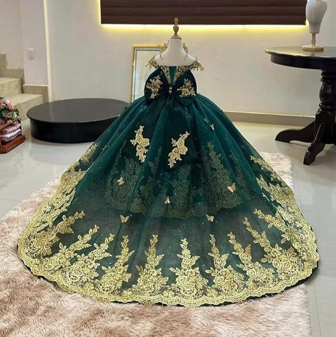 Sunnypetal Gorgeous Off-Shoulder Sweetheart Tulle Flower Girl Dress with Gold Embroidery