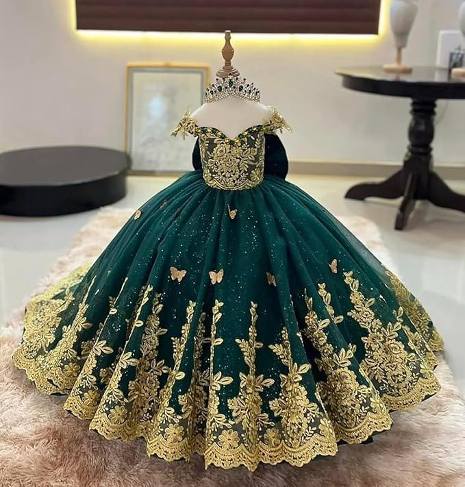 Sunnypetal Gorgeous Off-Shoulder Sweetheart Tulle Flower Girl Dress with Gold Embroidery