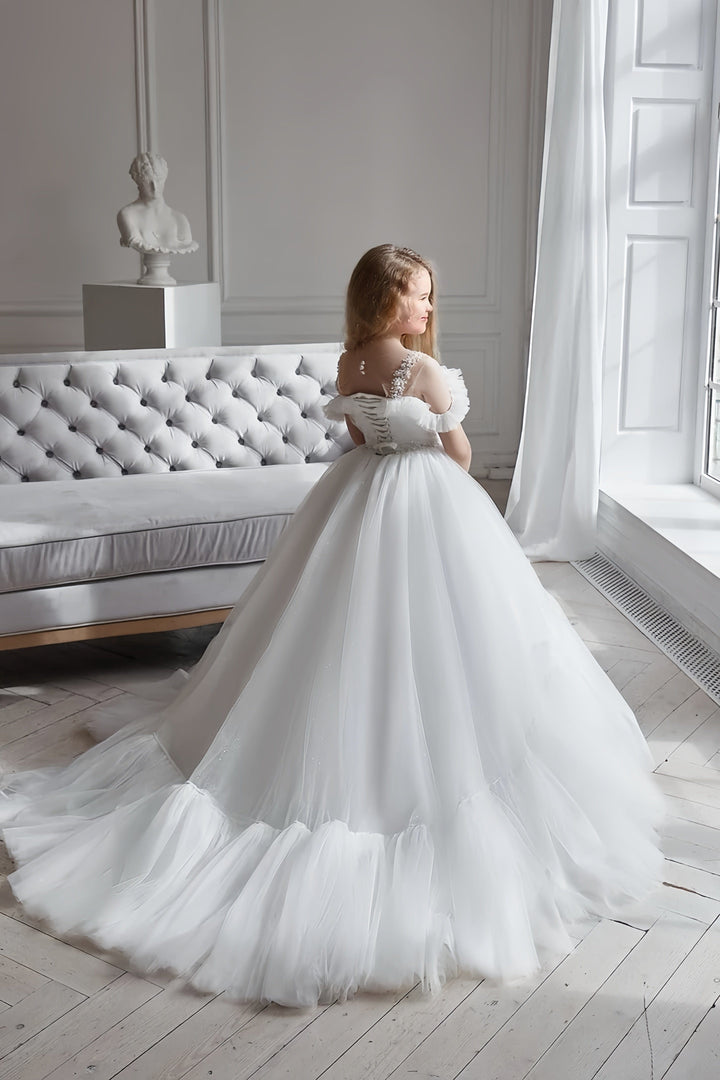 Sunnypetal Gorgeous Puffy Tulle Flower Girl Dresses Pearls Shoulder Straps Ball-Gown for Wedding