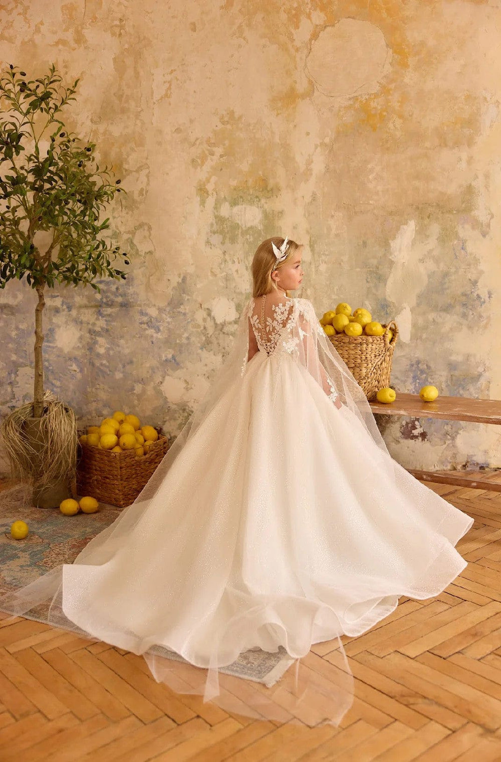 Sunnypetal High-Neck Flower Girl Dress with Sheer Illusion & Flowing Cloak Sleeves