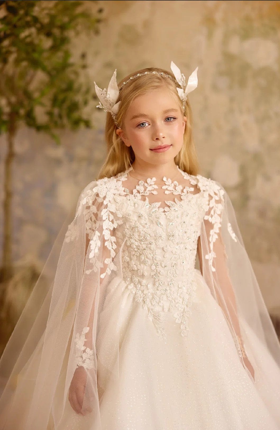 Sunnypetal High-Neck Flower Girl Dress with Sheer Illusion & Flowing Cloak Sleeves