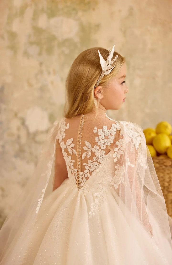 Sunnypetal High-Neck Flower Girl Dress with Sheer Illusion & Flowing Cloak Sleeves