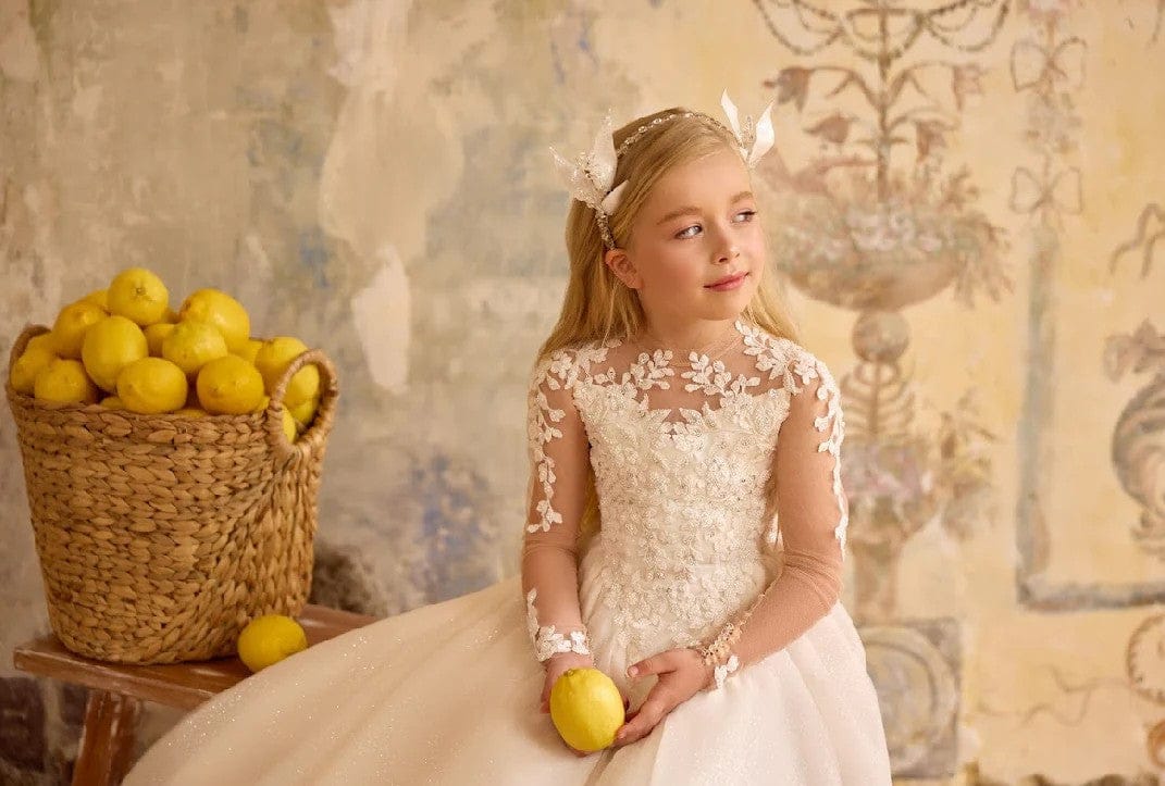 Sunnypetal High-Neck Flower Girl Dress with Sheer Illusion & Flowing Cloak Sleeves