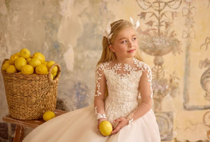 Sunnypetal High-Neck Flower Girl Dress with Sheer Illusion & Flowing Cloak Sleeves