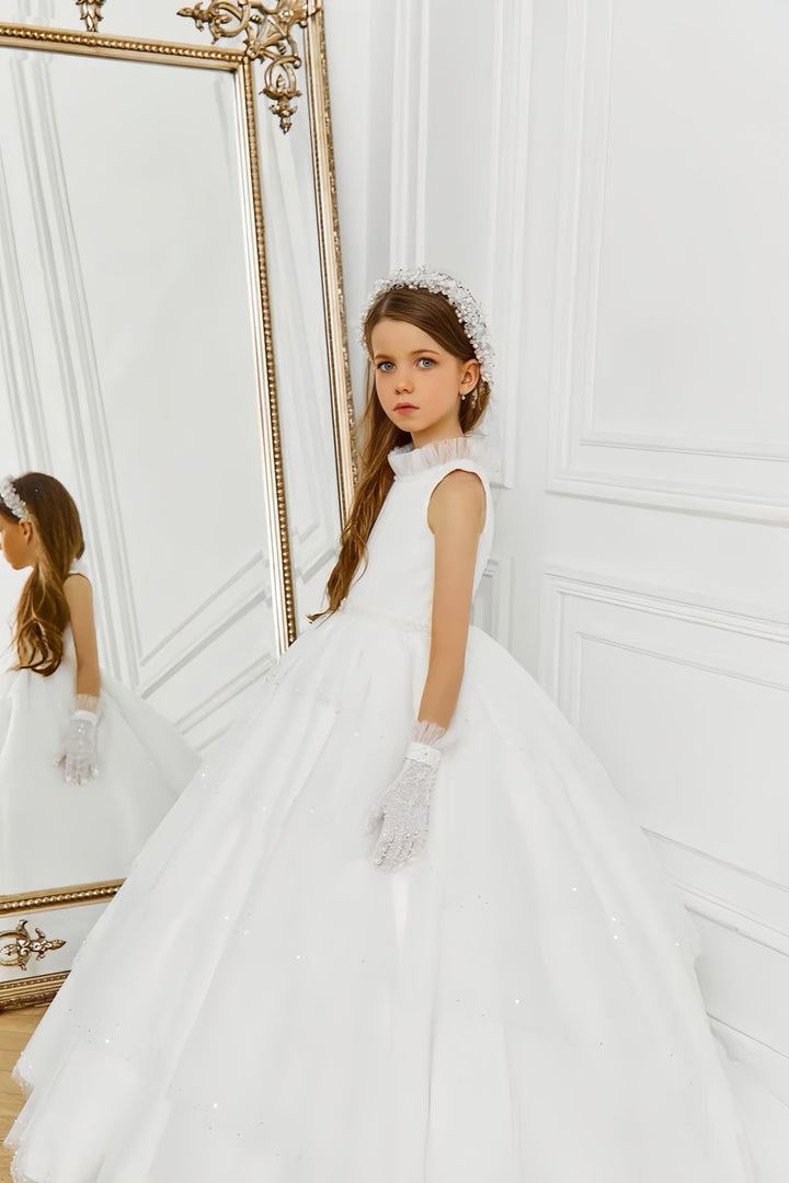 Sunnypetal High Neck Sleeveless Tulle Sequins Ball Gown Flower Girl Dresses with Train