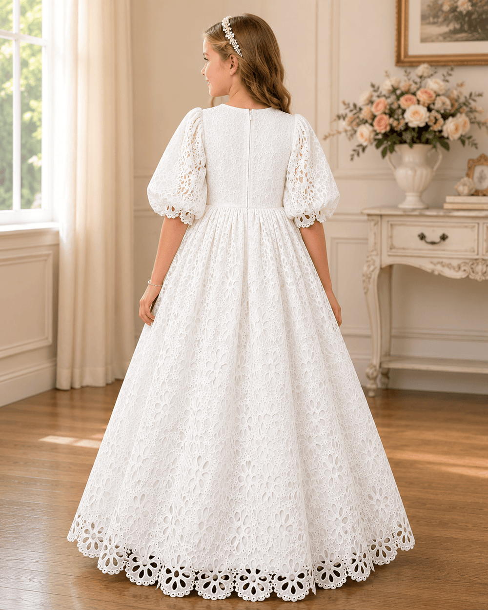 Sunnypetal High Waist Toddler Party Dresses Pretty Puff Sleeve Princess  Lace Flower Girl Dresses