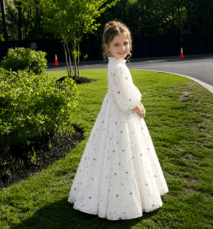 Sunnypetal High Waisted Embroidery Flower Girl Princess First Communion Dress
