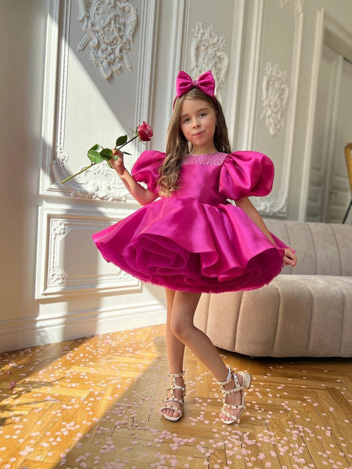 Sunnypetal Hot Pink Puff Sleeves Tutu Dress Birthday Flower Girl Dresses