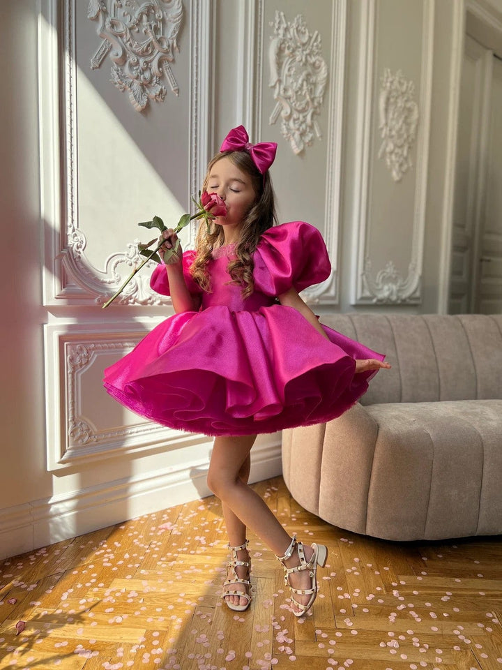 Sunnypetal Hot Pink Puff Sleeves Tutu Dress Birthday Flower Girl Dresses