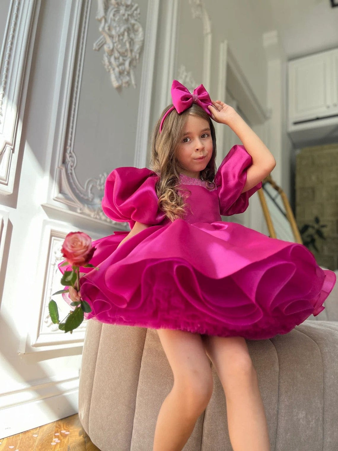 Sunnypetal Hot Pink Puff Sleeves Tutu Dress Birthday Flower Girl Dresses