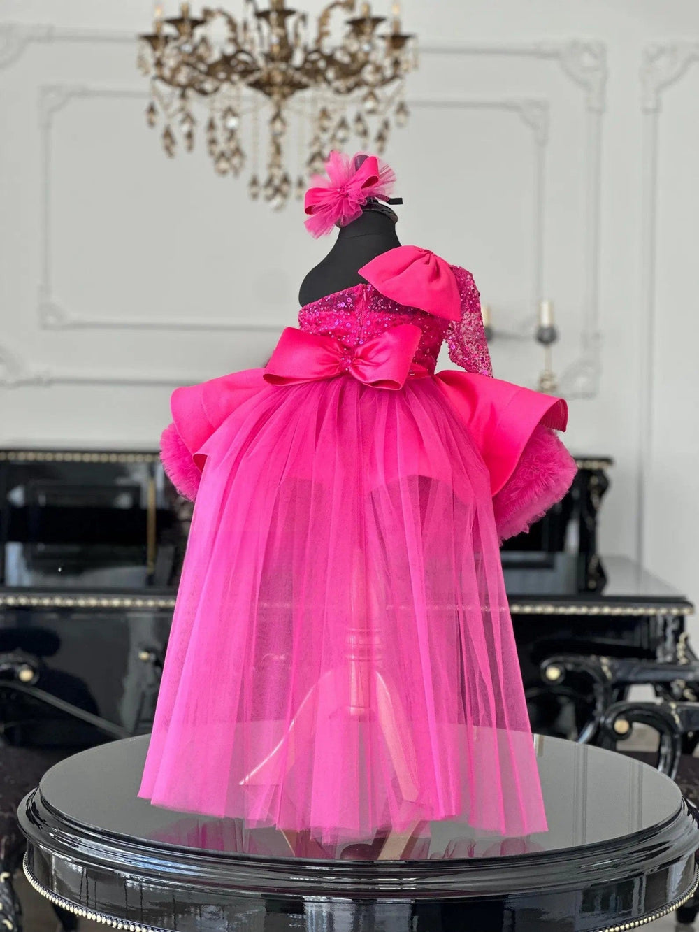 Sunnypetal Hot Pink Sparkling Tulle Skirt Flower Girl Dress with Removable Train&Bow