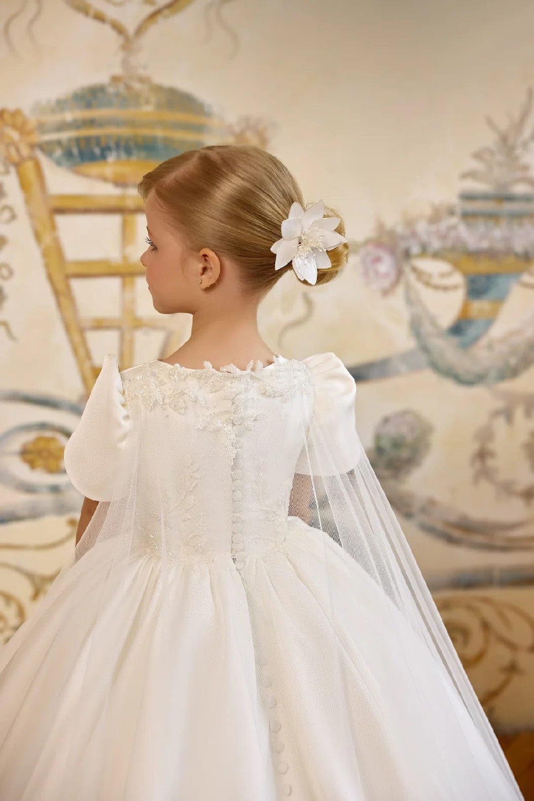 Sunnypetal Ivory Embroidered Satin Ball Gown with Regal Tulle Shoulder Capes