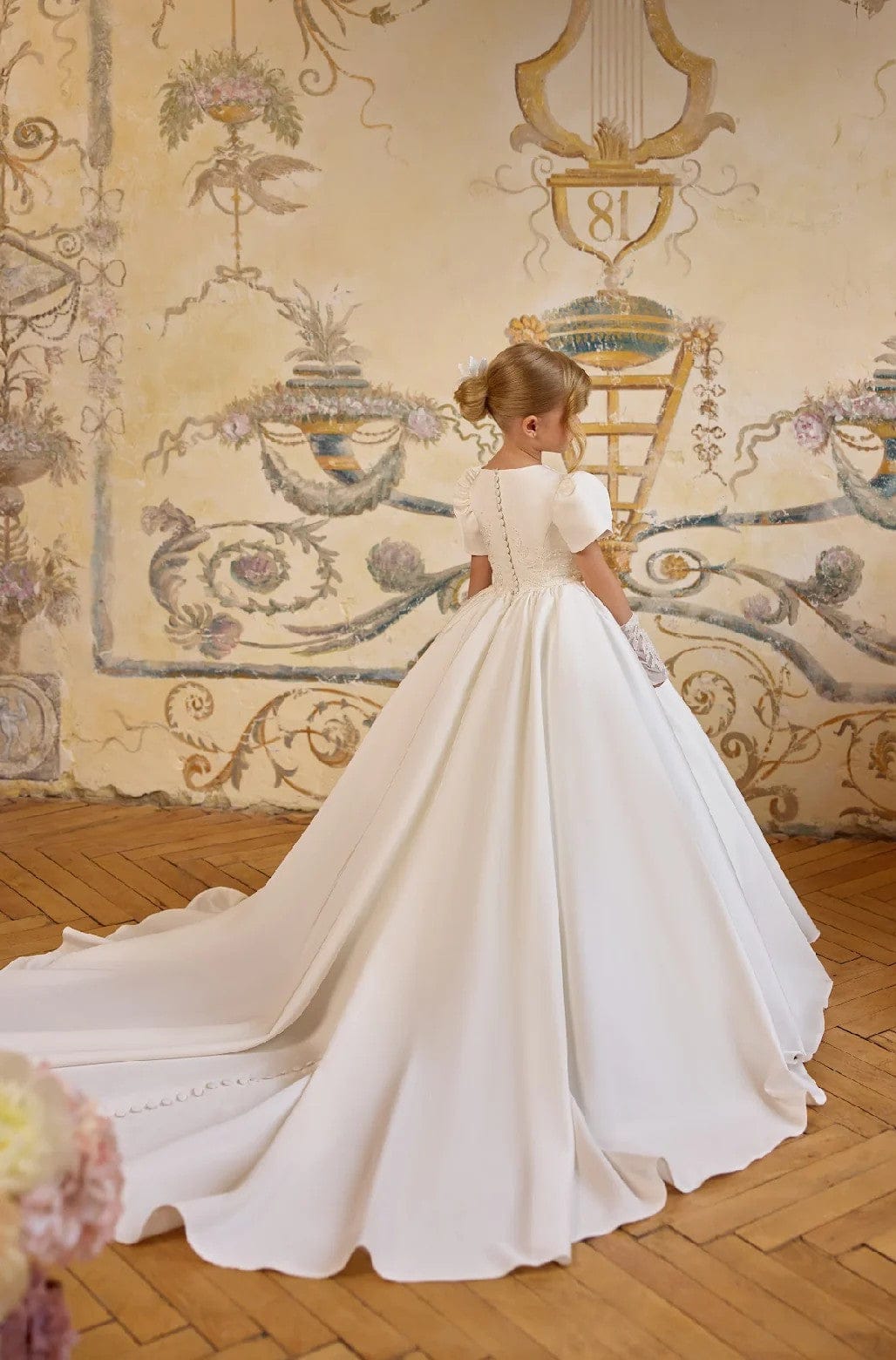 Sunnypetal Ivory Embroidered Satin Ball Gown with Regal Tulle Shoulder Capes