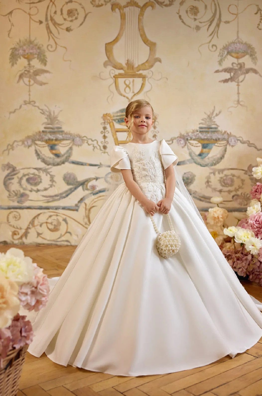 Sunnypetal Ivory Embroidered Satin Ball Gown with Regal Tulle Shoulder Capes