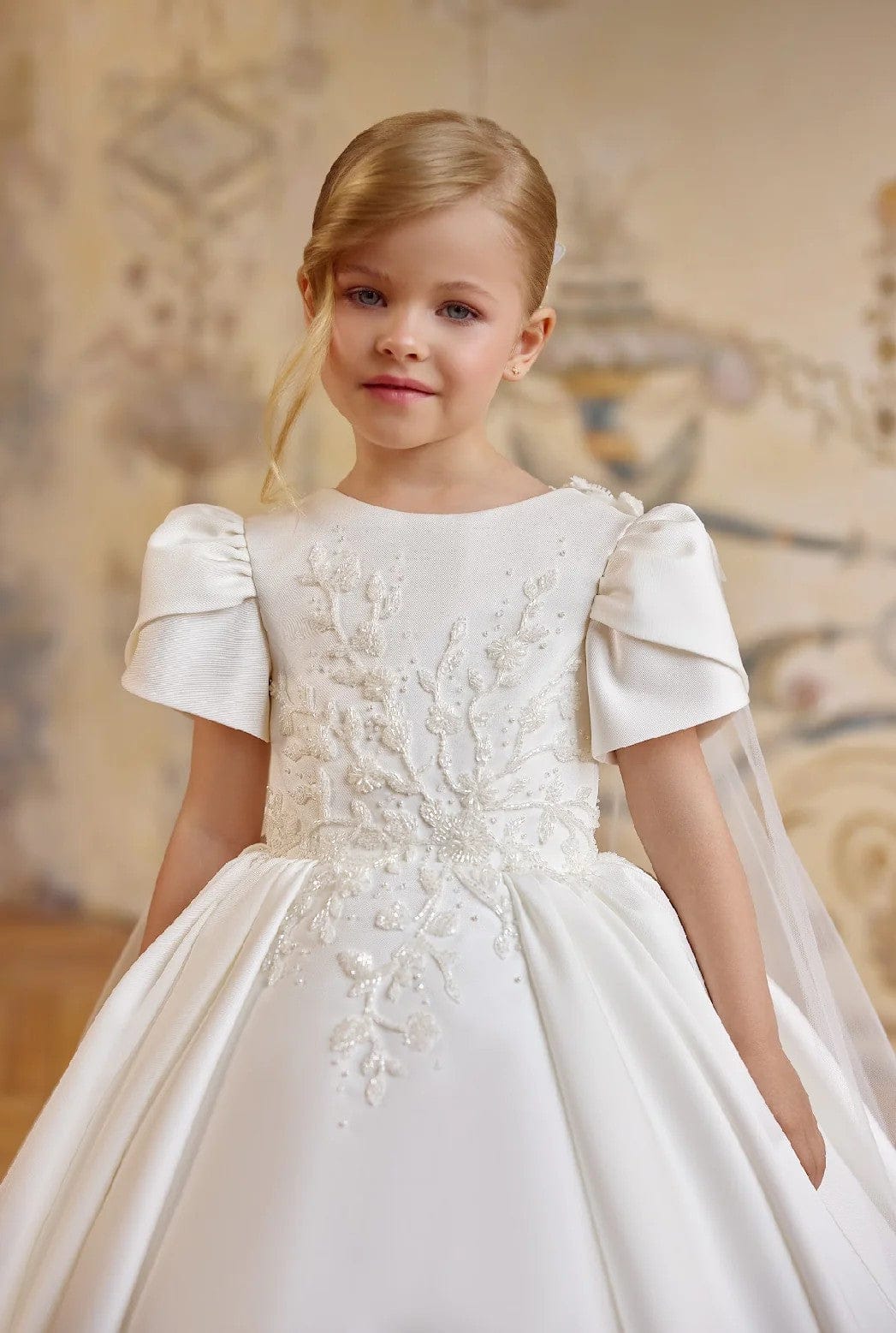 Sunnypetal Ivory Embroidered Satin Ball Gown with Regal Tulle Shoulder Capes