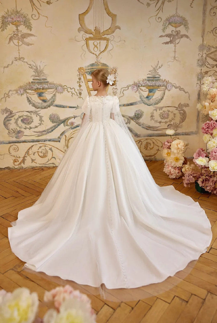 Sunnypetal Ivory Embroidered Satin Ball Gown with Regal Tulle Shoulder Capes