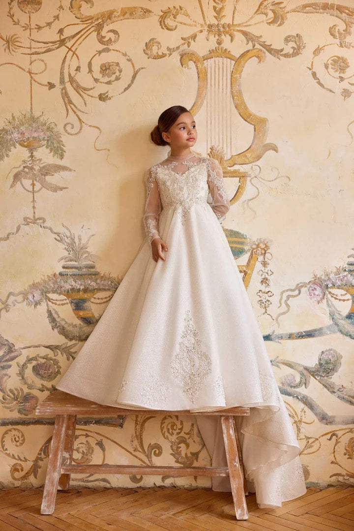 Sunnypetal Ivory Long Sleeve Lace Appliqué First Communion &amp; Flower Girl Dress
