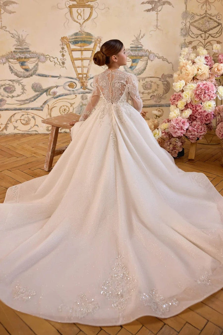 Sunnypetal Ivory Long Sleeve Lace Appliqué First Communion &amp; Flower Girl Dress