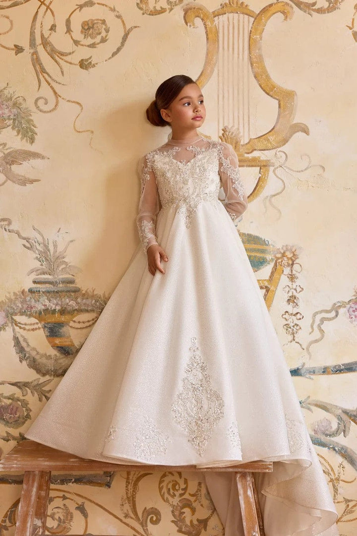 Sunnypetal Ivory Long Sleeve Lace Appliqué First Communion &amp; Flower Girl Dress