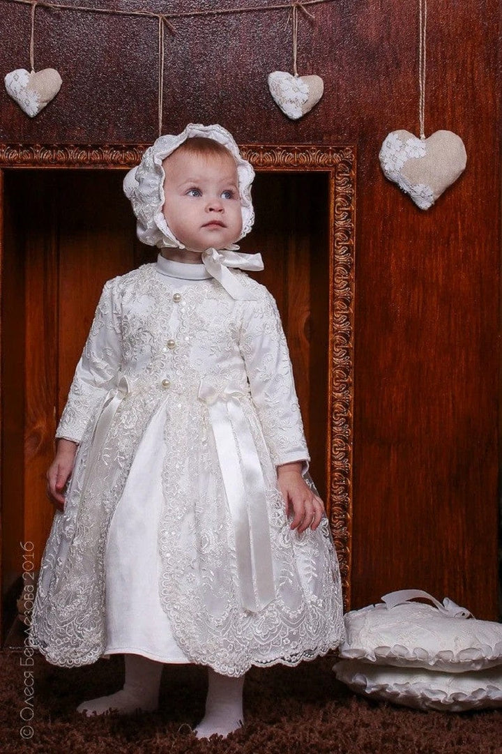 Sunnypetal Ivory Satin Lace Christening Gown Girl Baby Blessing Dress