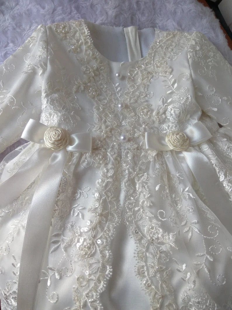 Sunnypetal Ivory Satin Lace Christening Gown Girl Baby Blessing Dress