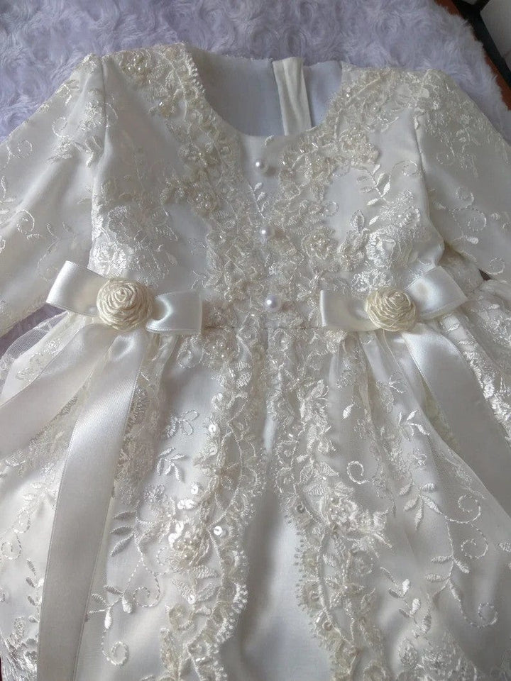 Sunnypetal Ivory Satin Lace Christening Gown Girl Baby Blessing Dress