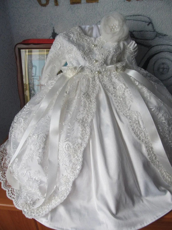 Sunnypetal Ivory Satin Lace Christening Gown Girl Baby Blessing Dress