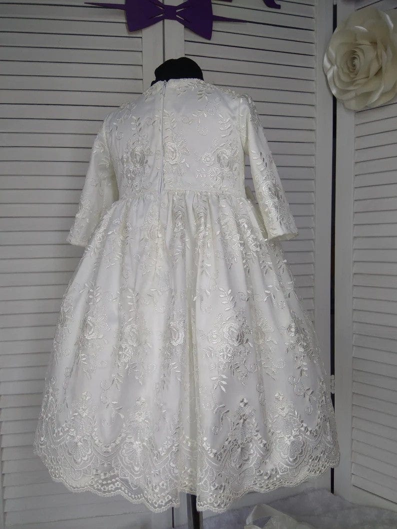 Sunnypetal Ivory Satin Lace Christening Gown Girl Baby Blessing Dress