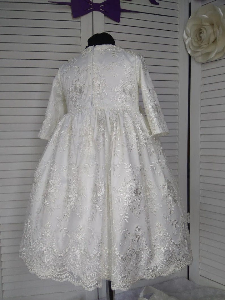 Sunnypetal Ivory Satin Lace Christening Gown Girl Baby Blessing Dress