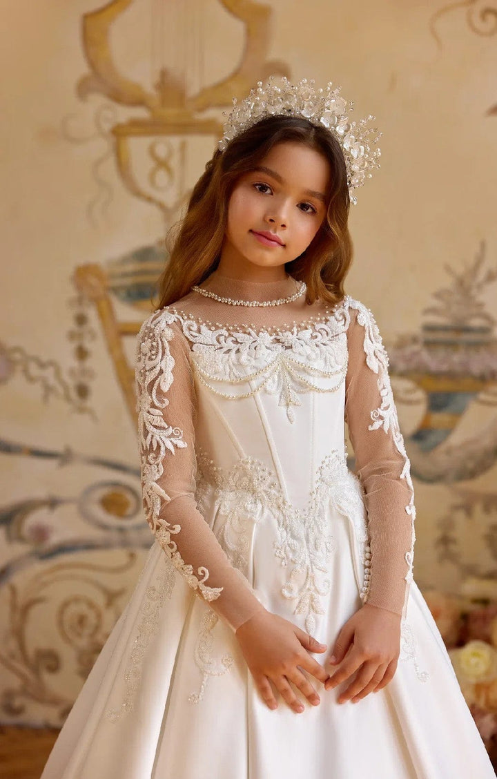 Sunnypetal Ivory Satin Long Sleeve Embroidered Lace Appliques Flower Girl Dress