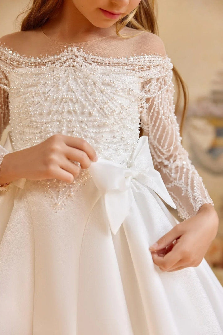 Sunnypetal Ivory Satin Princess Communion Dress with Pearl Accents and Bow Details