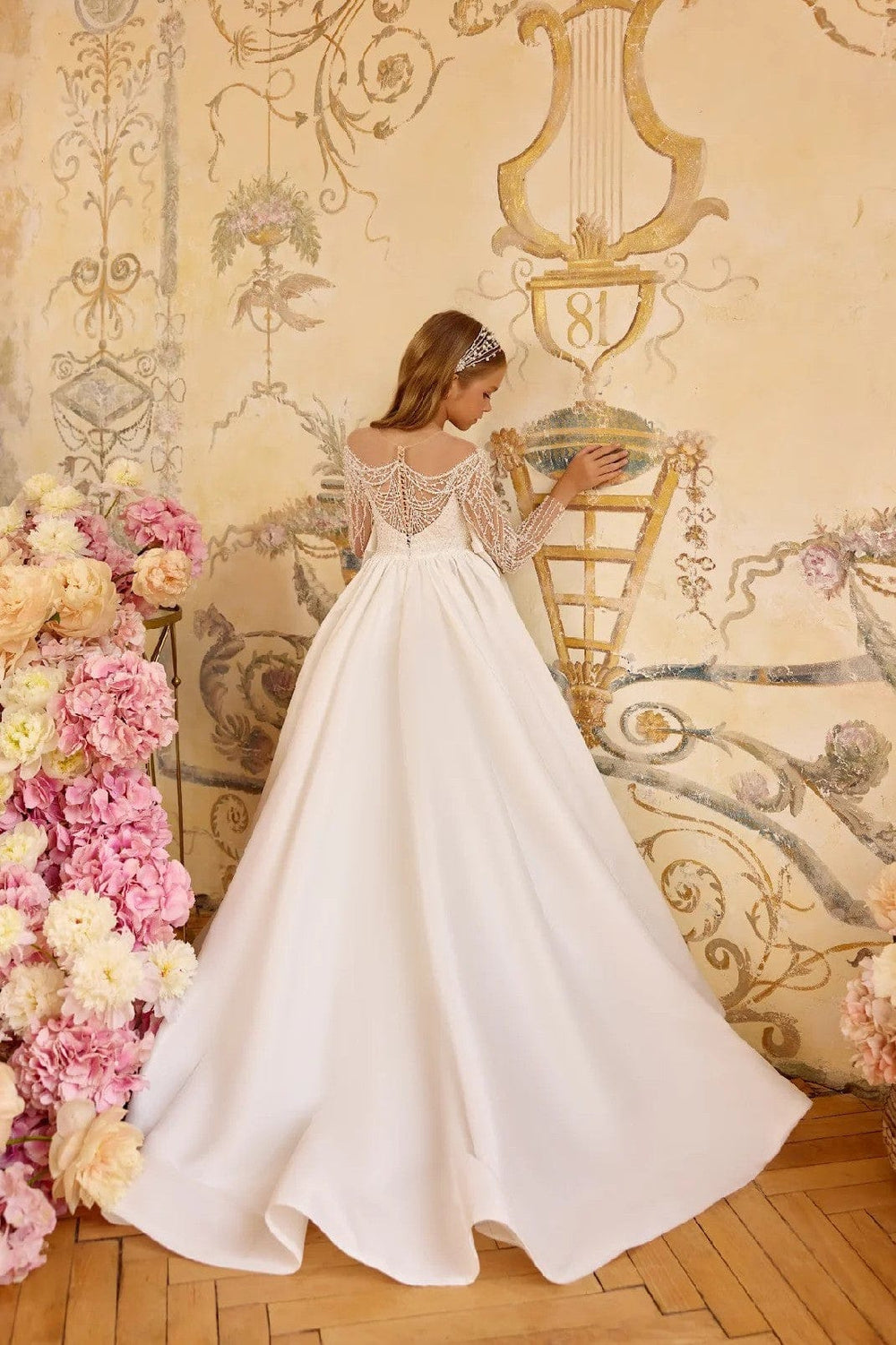 Sunnypetal Ivory Satin Princess Communion Dress with Pearl Accents and Bow Details