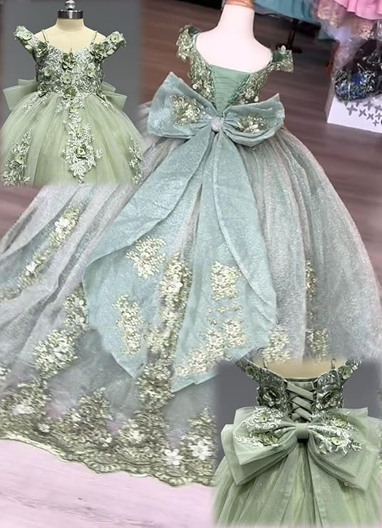 Sunnypetal Lace Appliqué 3D Flower Girl Dress with Bow for First Communion &amp; Pageant
