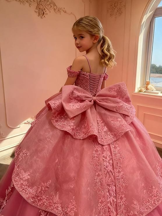 Sunnypetal Lace Appliqué Layered Tulle Ball Gown Flower Girl Pageant Dress with Bow