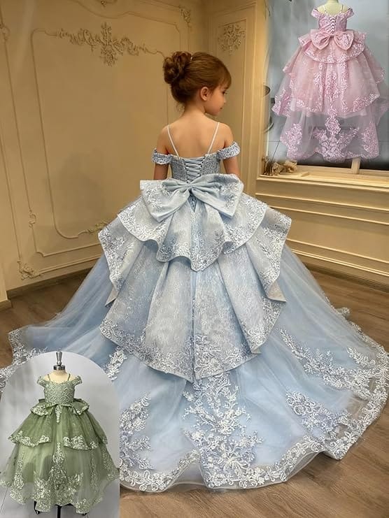 Sunnypetal Lace Appliqué Layered Tulle Ball Gown Flower Girl Pageant Dress with Bow