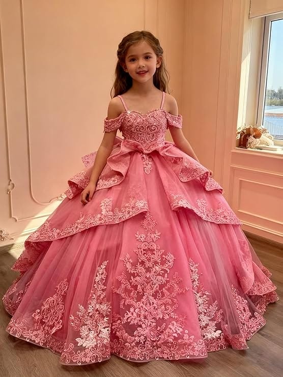 Sunnypetal Lace Appliqué Layered Tulle Ball Gown Flower Girl Pageant Dress with Bow